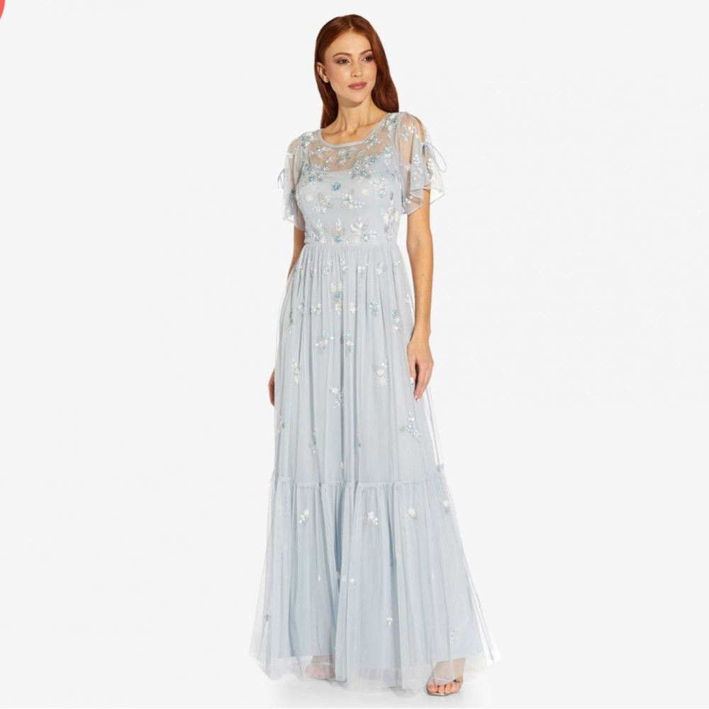 Adrianna Papell light blue embroidered tulle gown size 0